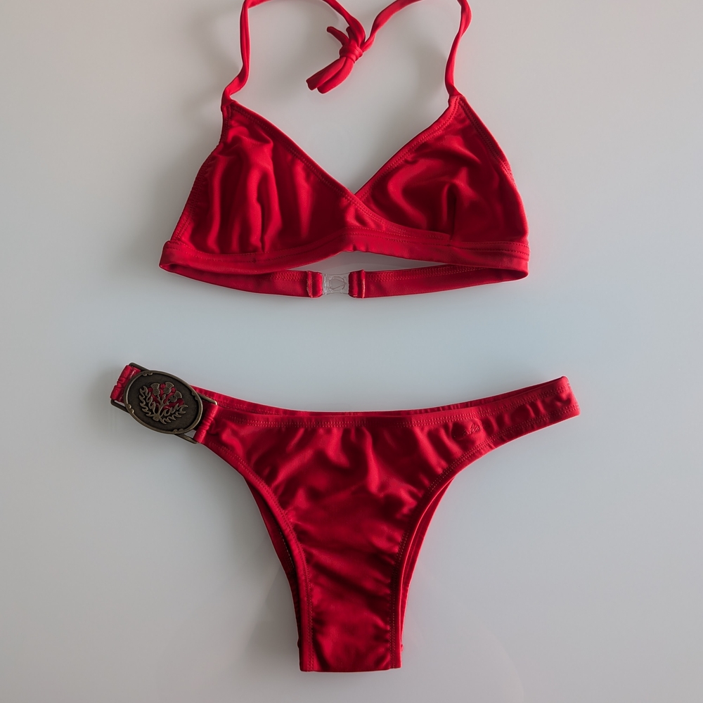 Red Bikini Set with Decorative Buckle - Women Swim